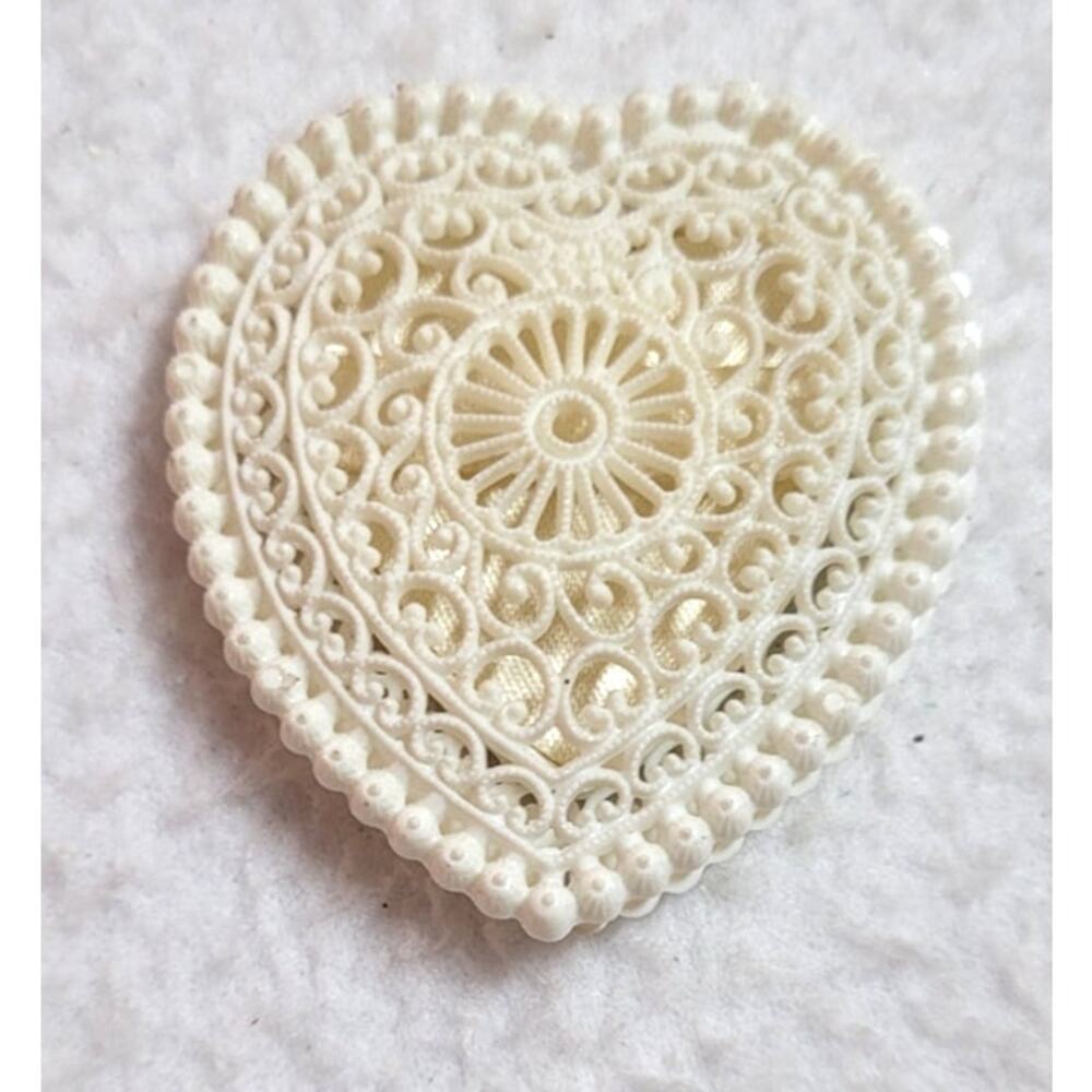 Antique Celluloid Heart Keepsake Box White Satin Lined 2" Trinket Dresser Decor